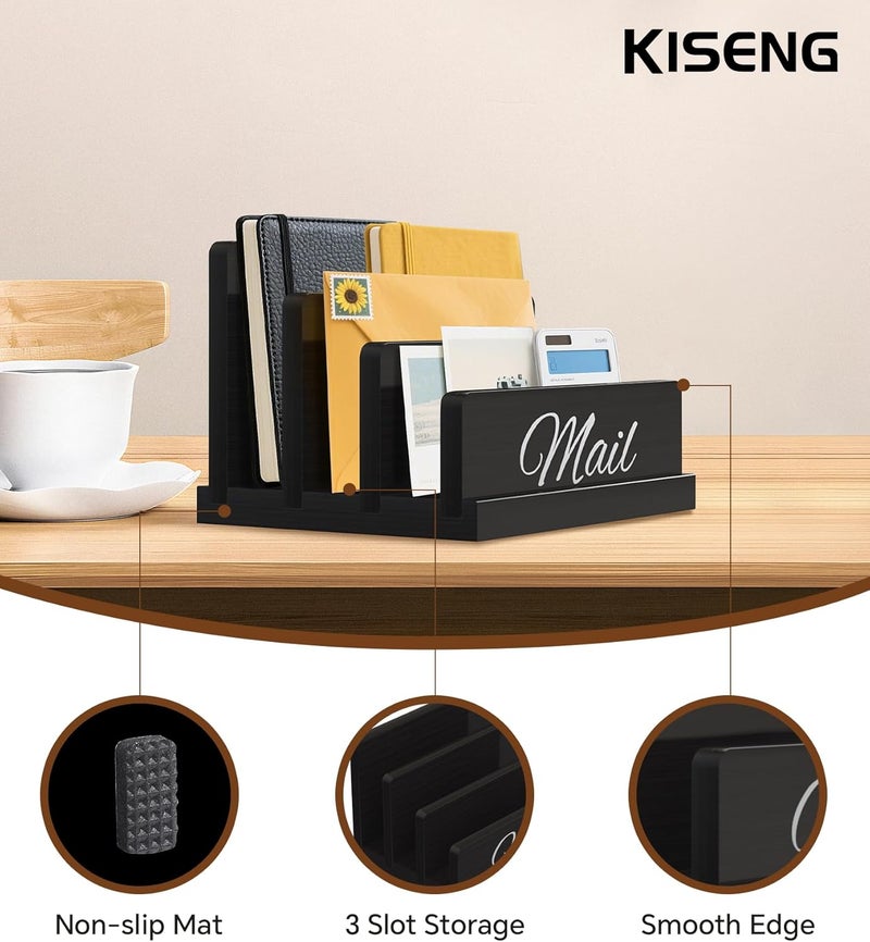 KISENG Mail Organizer for Desk,Wooden Mail Holder with Divider, 3-Slot Letter Sorter File Holder,Vertical Bill Organizer for Desktop Document/Notebook/Filing/Folders/Paper - Image 3